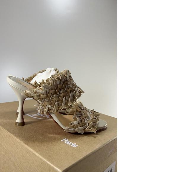 Meroine 85mm raffia Tan Woven fringe heels mules D984 - Picture 3 of 11